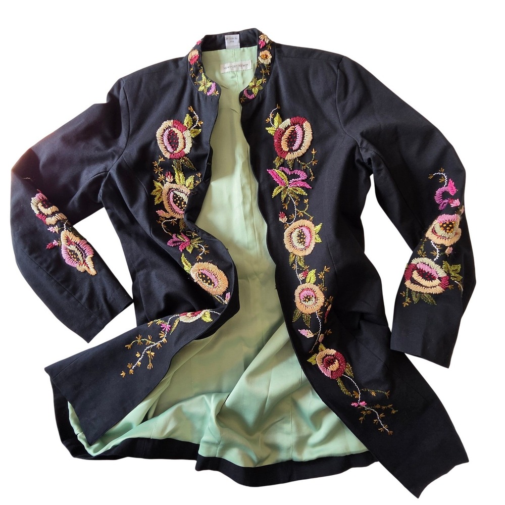 Newport News Womens Black Floral Embroidered Cotton Longline Jacket Size 10